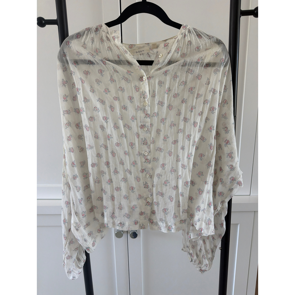 DÔEN Floral Print Button Down Blouse in White - Picture 1 of 3